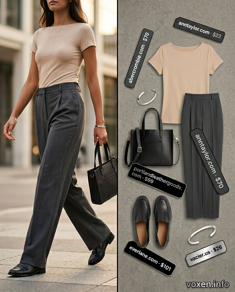 Beige boat neck top, charcoal wide-leg trousers, black loafers for women 2026 travel outfits.