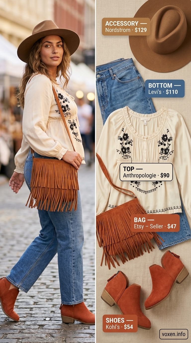 Boho summer boat neck outfits for women 2026: Ecru embroidered top, denim jeans, suede boots, and fringe bag.