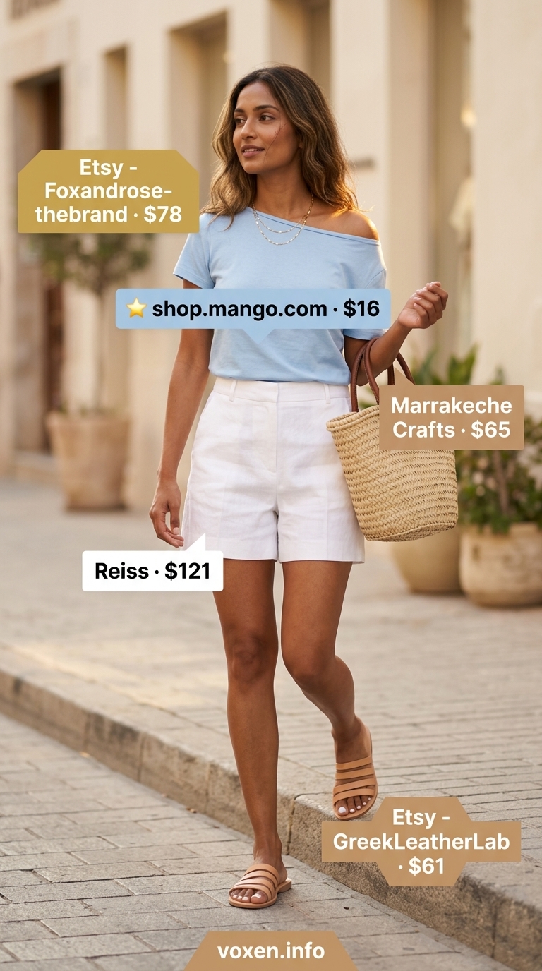Breezy summer boat neck outfits for women 2026: Sky blue top, cream shorts, straw bag, and slides for the beach.