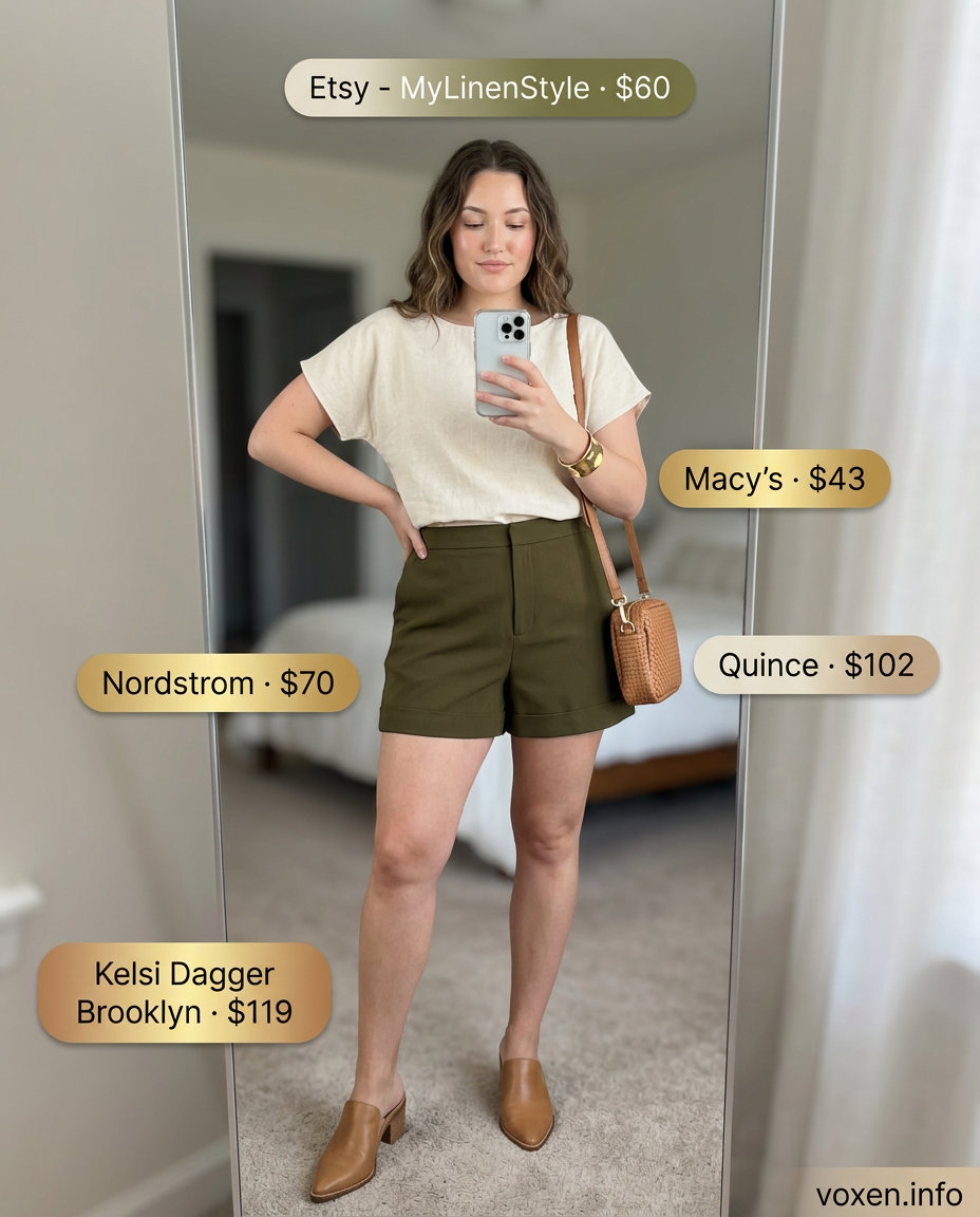 Cream linen boat neck blouse, olive shorts, tan mules for women 2026 garden party outfits.