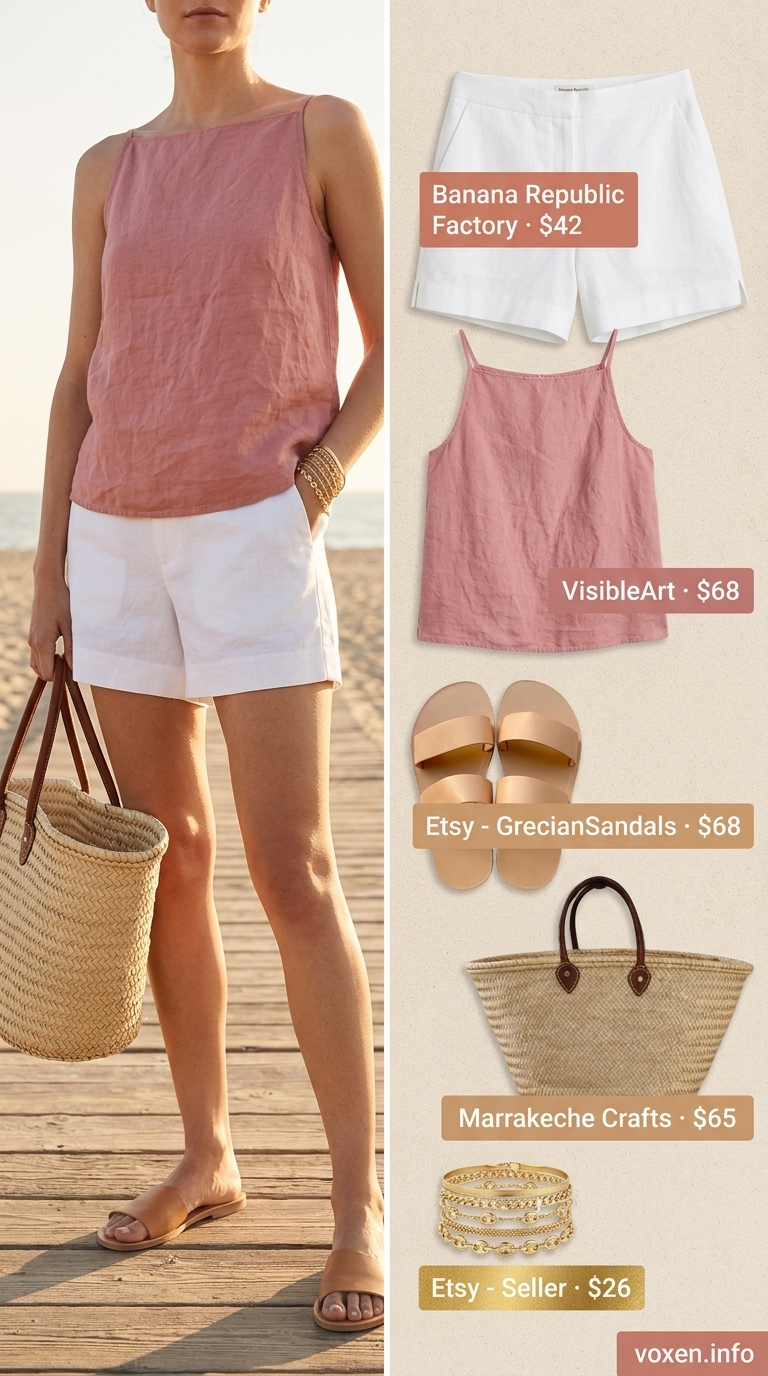 Light blue linen boat neck top, white linen shorts, slide sandals for women 2026 casual outfits.
