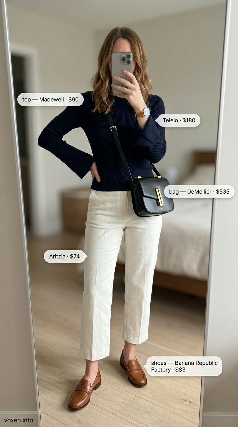 Navy boat neck sweater, cream cropped pants, tan loafers for women 2026 city sightseeing outfits.