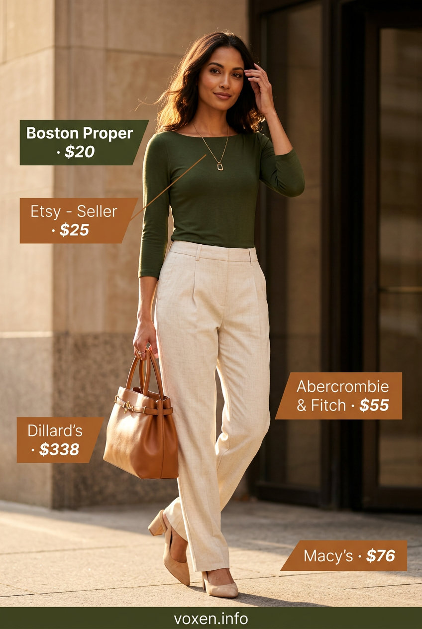 Olive green boat neck top, cream trousers, pumps for women 2026 workwear outfits.