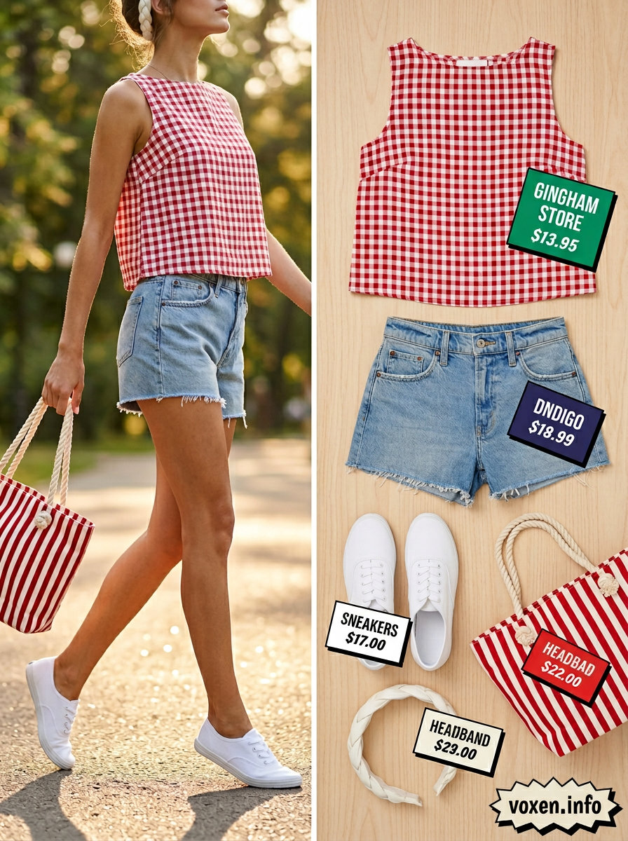 Playful summer boat neck outfits for women 2026: Red gingham top, denim shorts, sneakers, and canvas tote for a picnic.