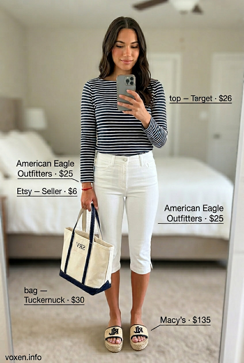 Striped boat neck top, white capri pants, espadrilles for women 2026 coastal outfits.