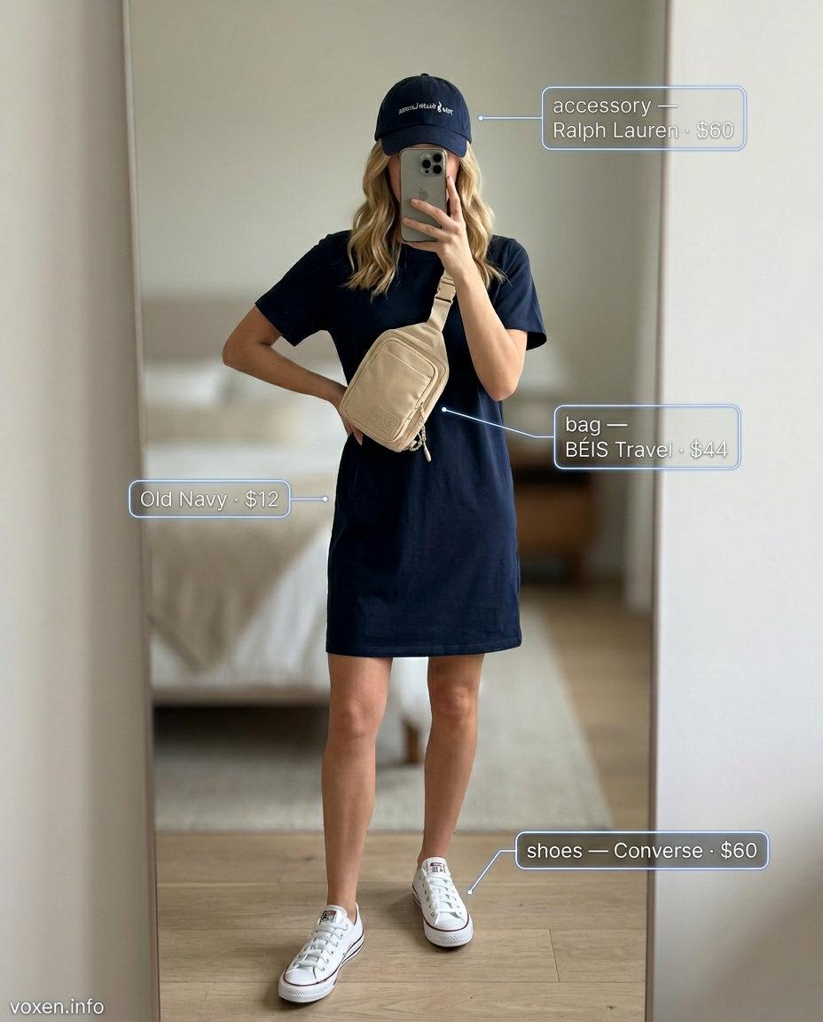 Easy summer boat neck outfits for women 2026: Navy t-shirt dress, crossbody bag, cap, and sneakers for travel.