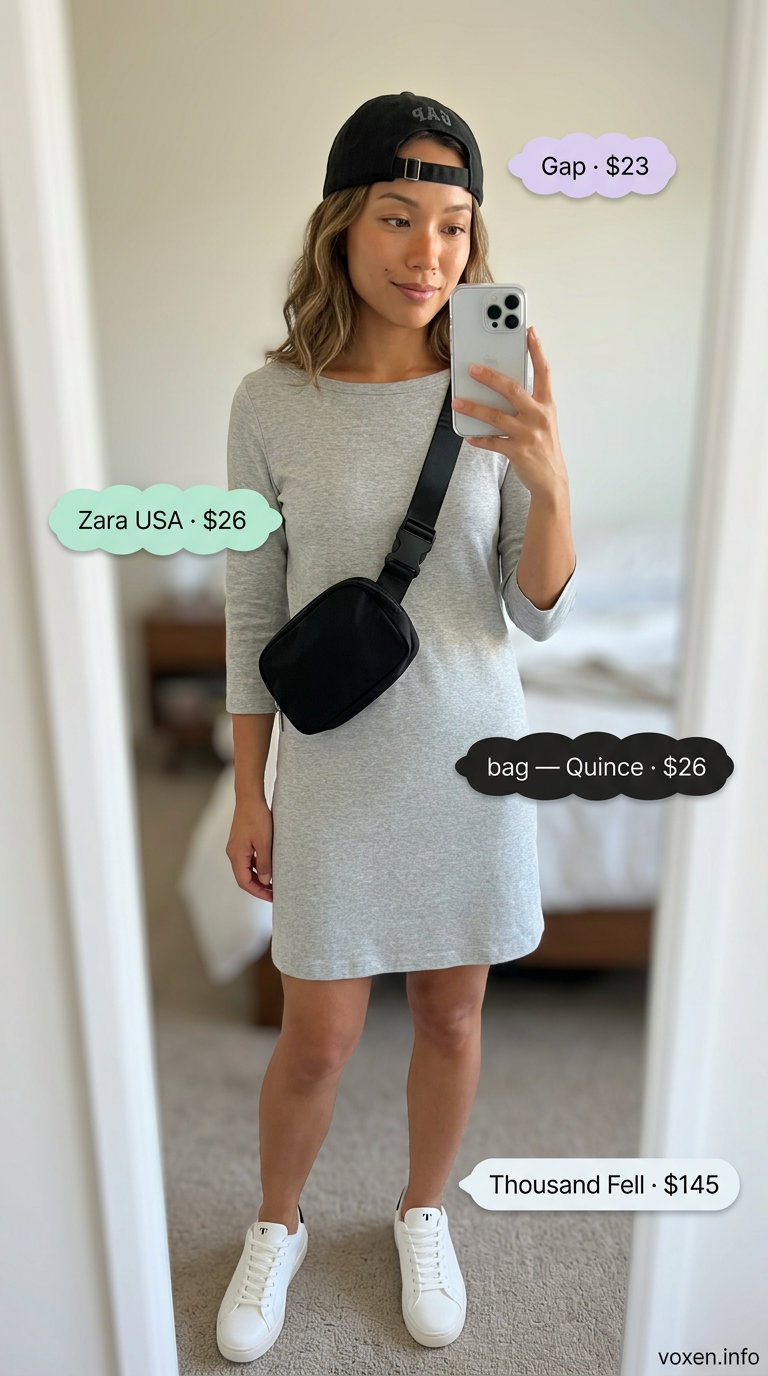 Grey boat neck t-shirt dress, sneakers, belt bag for women 2026 athleisure outfits.