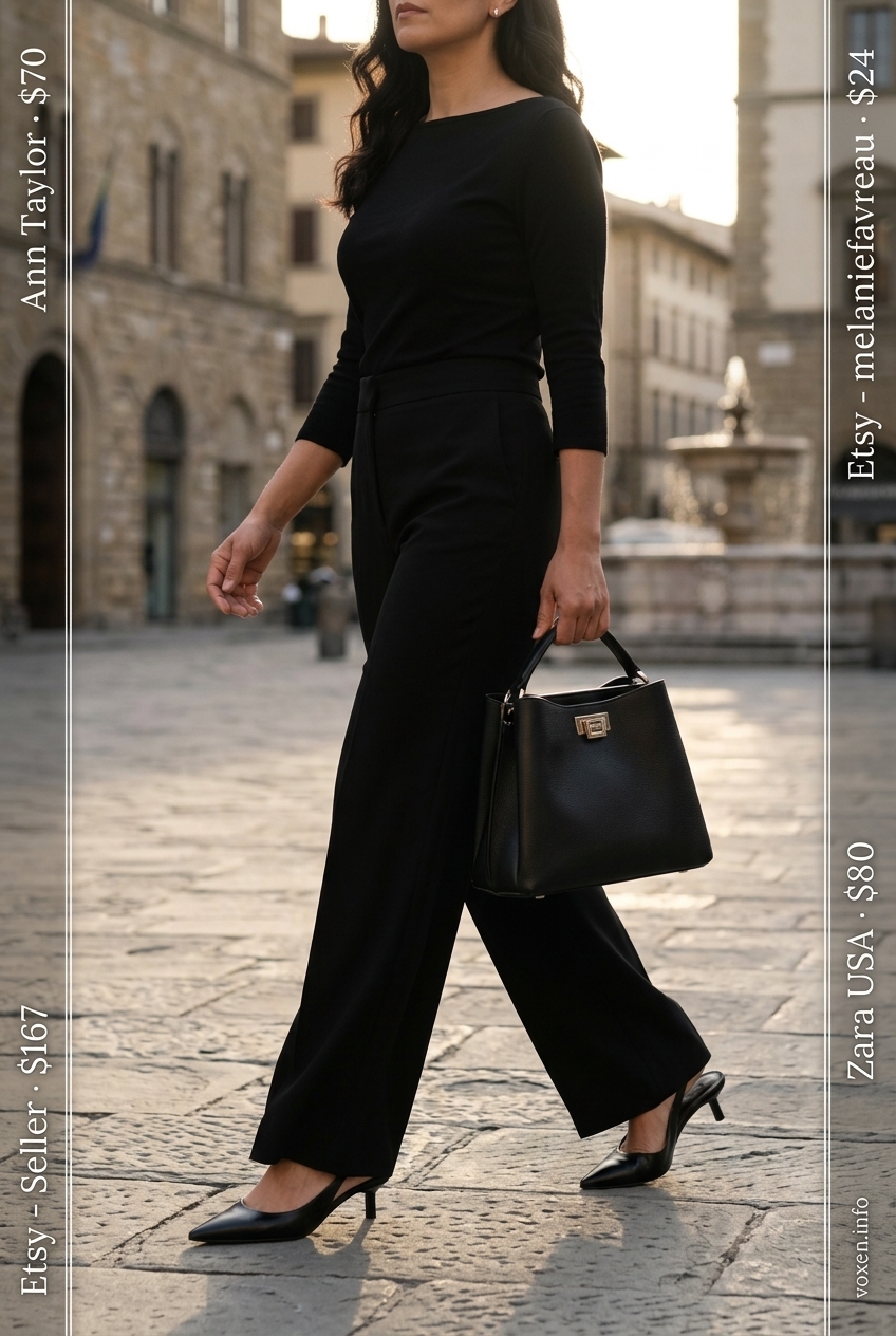Sophisticated summer boat neck outfits for women 2026: White sleeveless top, black trousers, heels, and satchel for office.