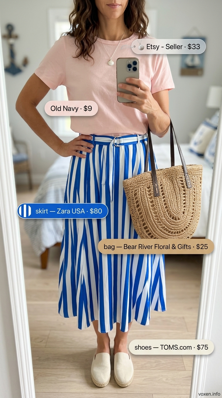 Sky blue striped midi skirt with white tee for summer boat outfits for women 2026. Breezy & feminine.