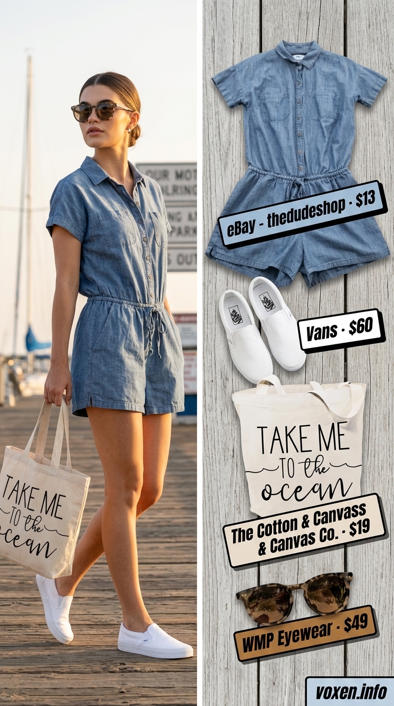 Light chambray romper with canvas tote for summer boat outfits for women 2026. Casual & youthful.