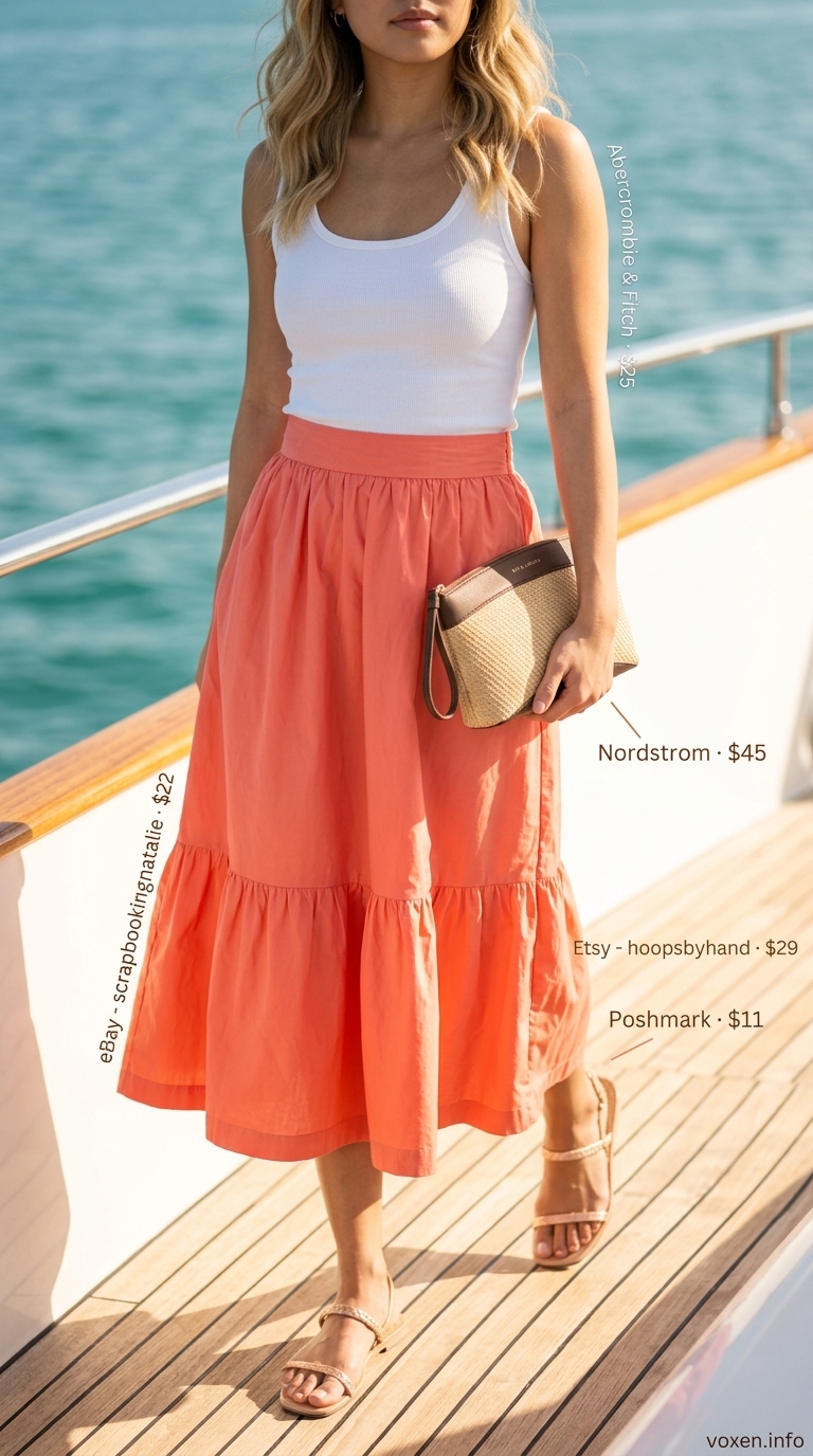 Summer boat outfits for women 2026: Coral midi skirt, white tank, gold hoops, and raffia clutch for a boat party.