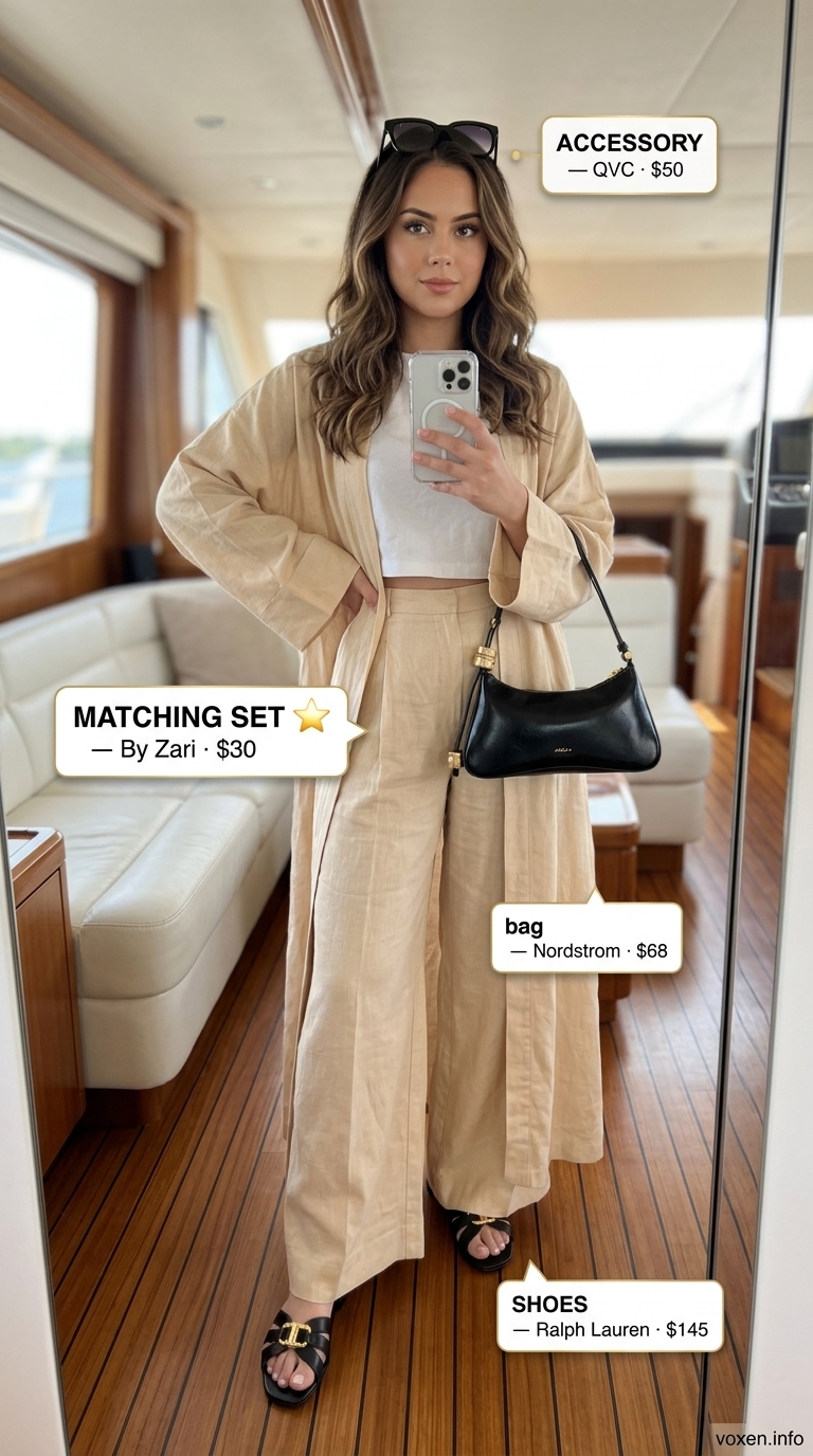 Summer boat outfits for women 2026: Sand beige linen set, black slides, and shoulder bag for luxury yacht lounging.