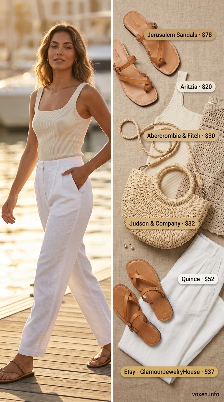 White linen pants & knit camisole for summer boat outfits for women 2026. Refined & elegant.