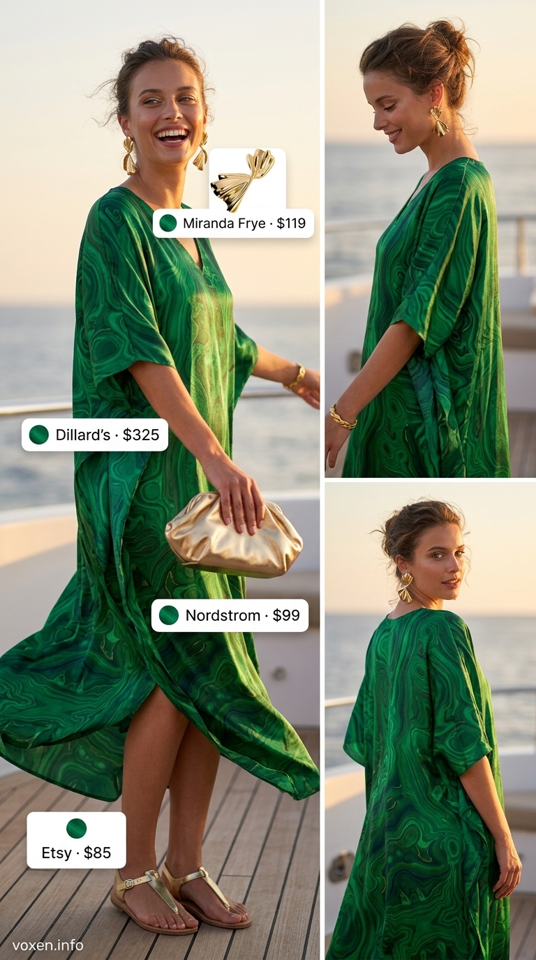 Emerald green silk caftan dress with gold accessories for summer boat outfits for women 2026. Luxe.