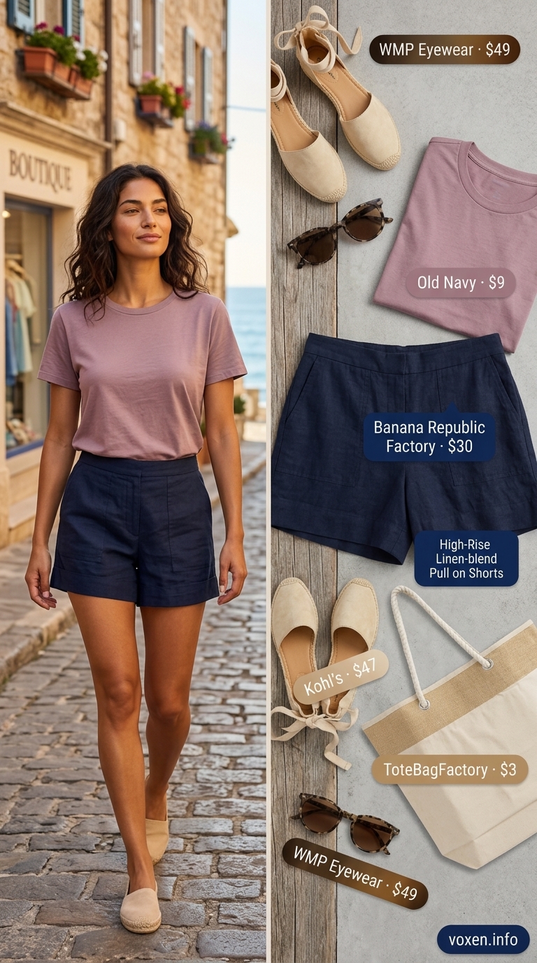 Navy linen shorts & striped boat neck tee for summer boat outfits for women 2026. Fresh & nautical.