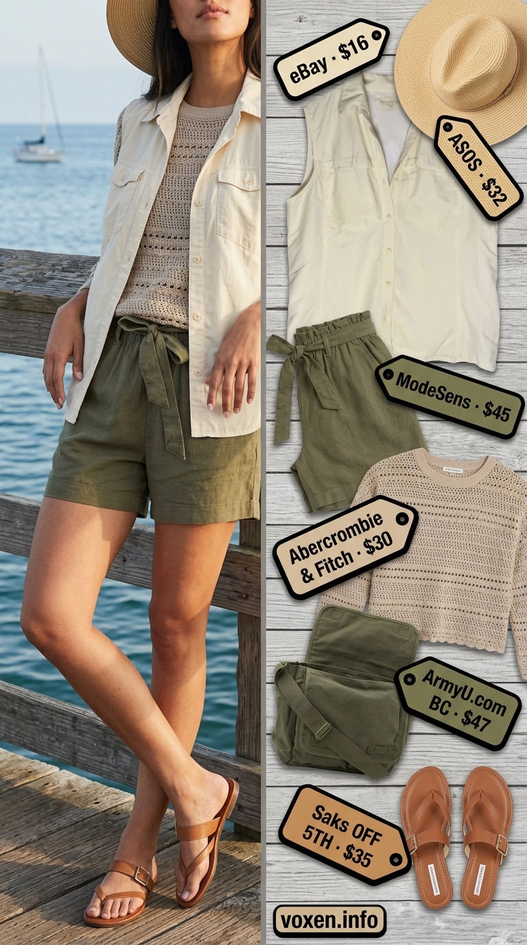 Khaki linen shorts outfit for summer boat outfits for women 2026. Practical & chic for island exploration.
