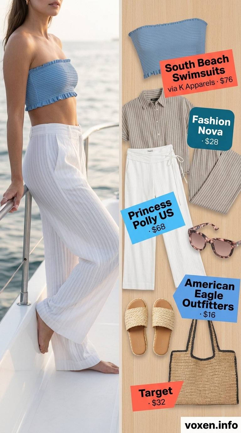 White linen pants outfit for summer boat outfits for women 2026. Relaxed & airy for daytime cruises.