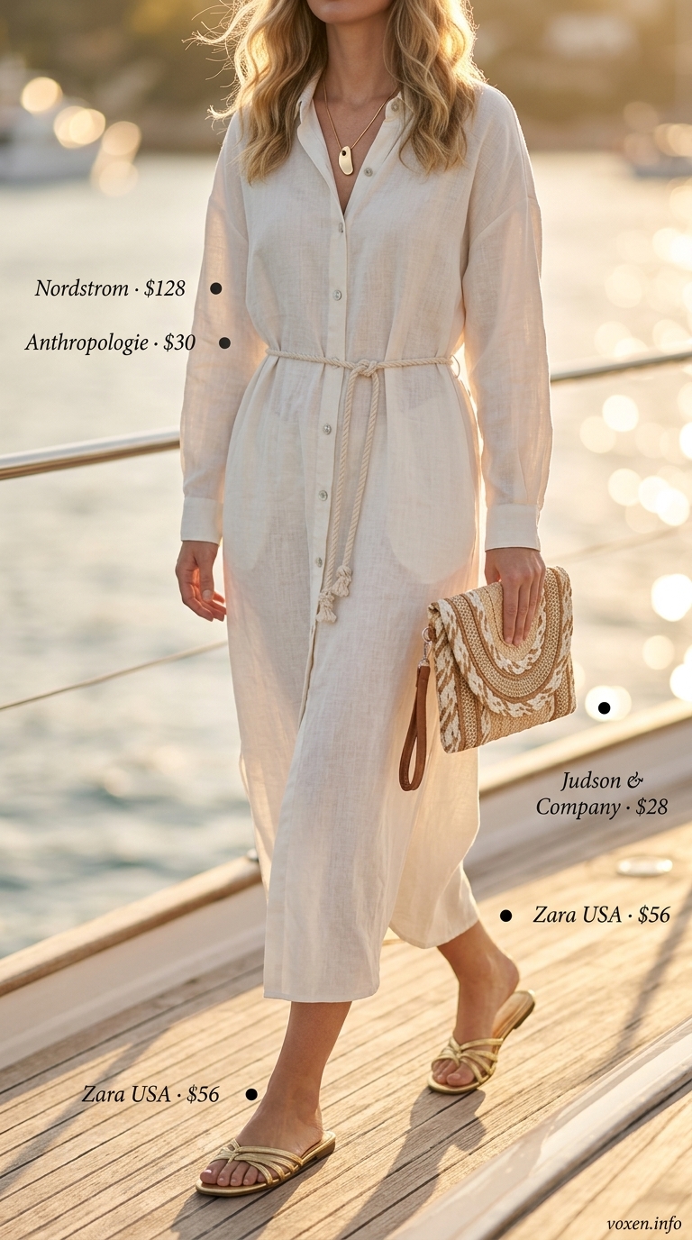 White linen maxi shirtdress for summer boat outfits for women 2026. Breezy & effortless for island hopping.