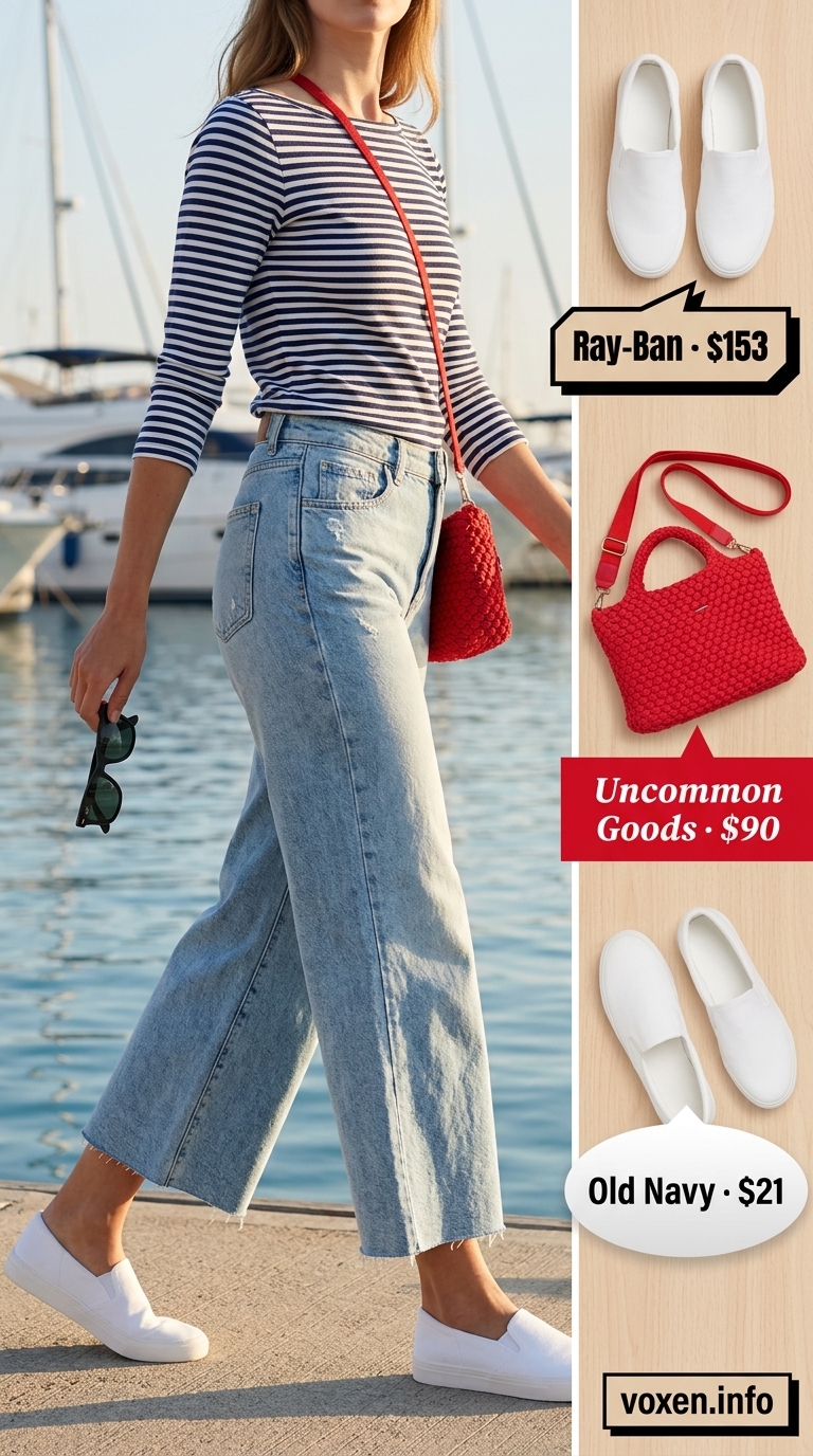 Chambray wide-leg pants & striped top for summer boat outfits for women 2026. Classic & fresh.