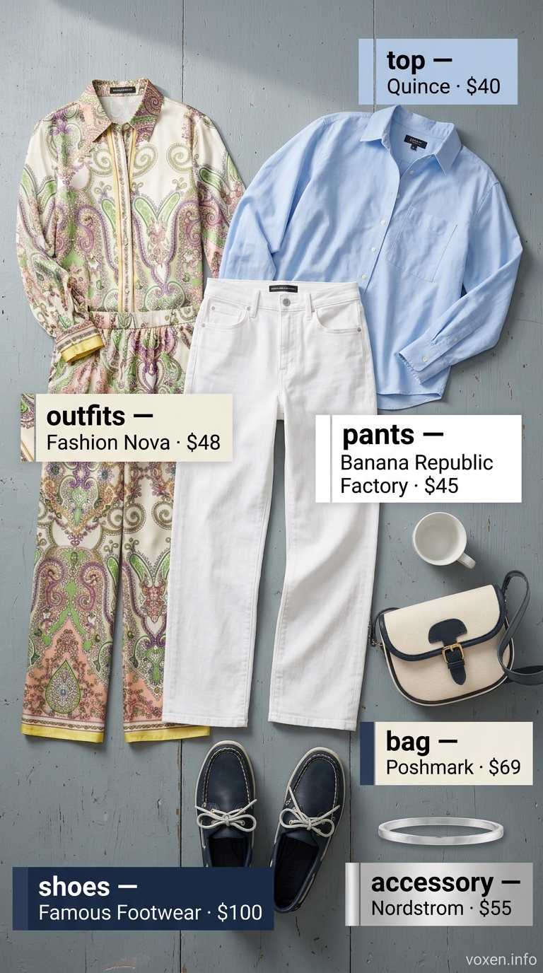 Light blue button-down shirt & white jeans for summer boat outfits for women 2026. Preppy & classic.