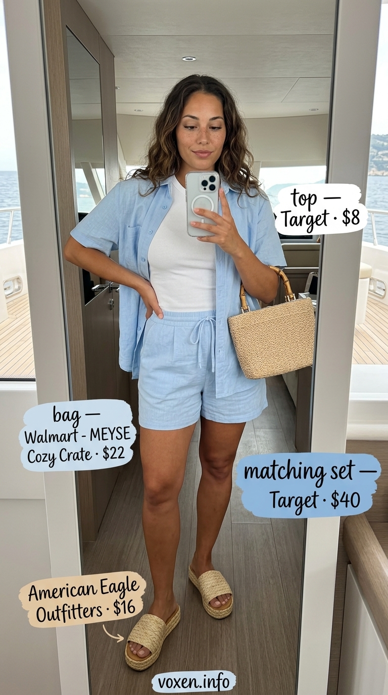 Summer boat outfits for women 2026: Sky blue linen set, white tank, straw hat, and espadrilles for a yacht excursion.