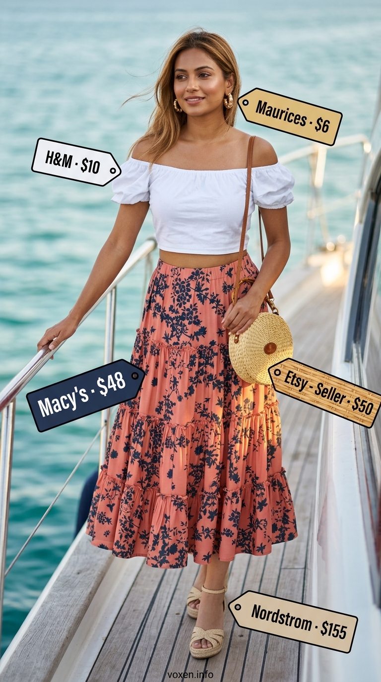Summer boat outfits for women 2026: Coral tiered midi skirt, ivory off-shoulder top, rattan bag, and espadrilles for a Mediterranean cruise.
