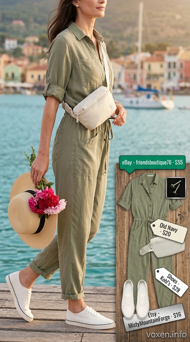 Sage green utility jumpsuit for summer boat outfits for women 2026. Clean & utilitarian for casual sailing.