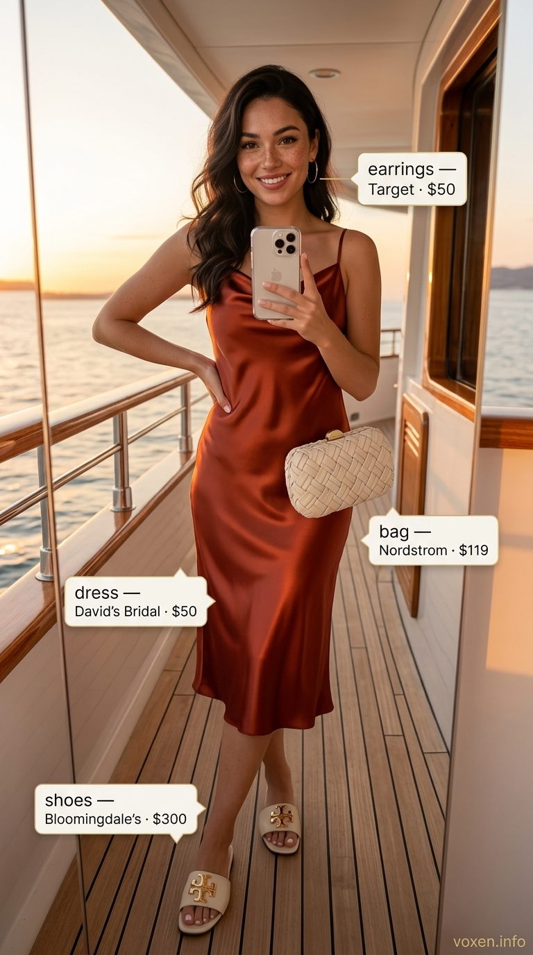 Summer boat outfits for women 2026: Terracotta satin slip dress, cream sandals, gold necklaces, and raffia clutch for a sunset cruise.