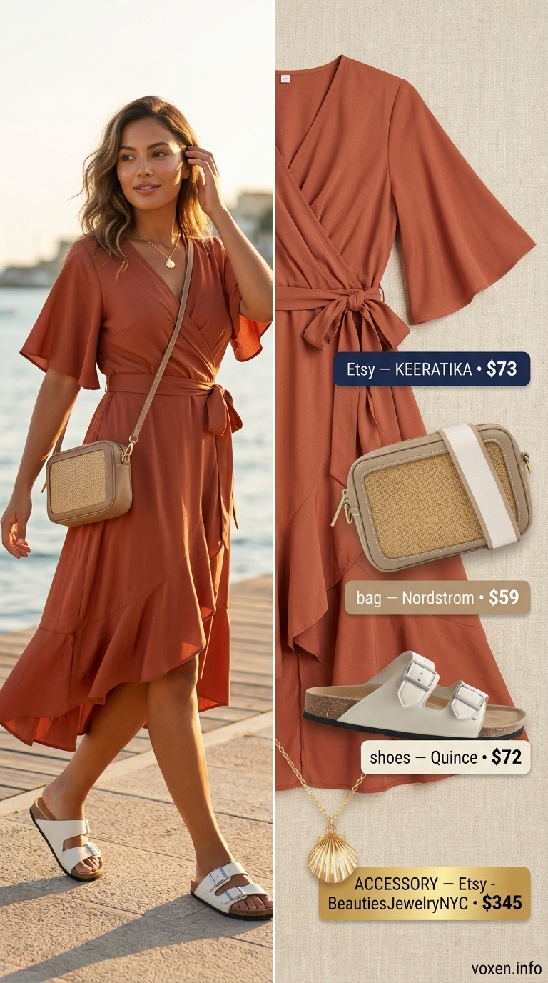 Summer boat outfits for women 2026: Terracotta shirt dress, ivory sandals, gold necklace, and raffia crossbody for an evening cruise.