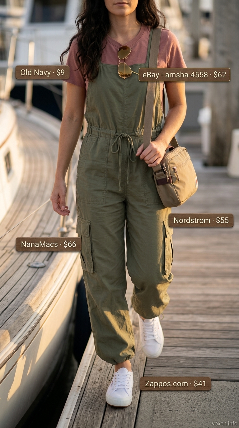 Olive green utility jumpsuit with sneakers for summer boat outfits for women 2026. Adventurous.