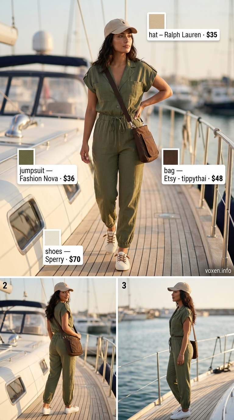 Olive green utility jumpsuit for summer boat outfits for women 2026. Adventurous & practical for excursions.