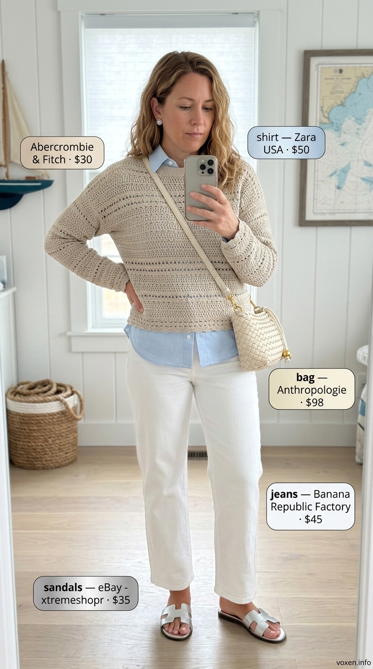 Summer boat outfits for women 2026: White denim jeans, sky blue shirt, silver sandals, and woven bag for nautical lunch.