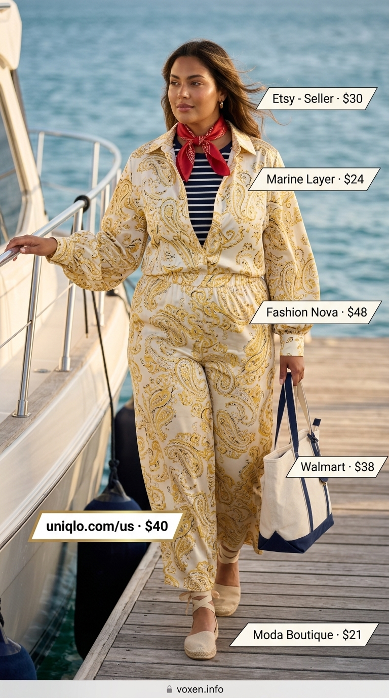 Summer boat outfits for women 2026: Navy linen pants, Breton top, red scarf, and canvas tote for a yacht club day.