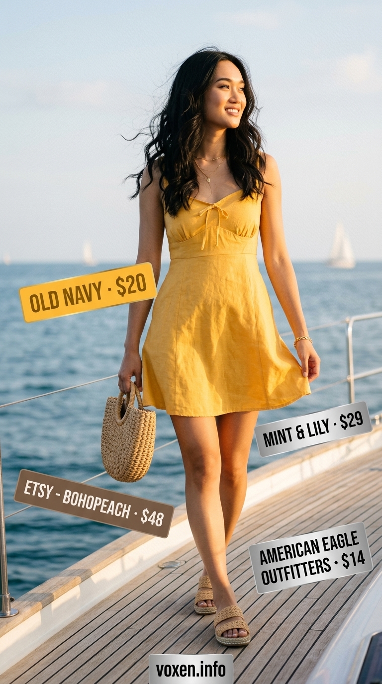 Pastel yellow sundress for summer boat outfits for women 2026. Youthful & charming for harbor visits.