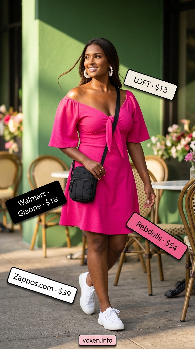 Bold hot pink mini dress with white sneakers and black crossbody bag for summer brunch outfits for women 2026.