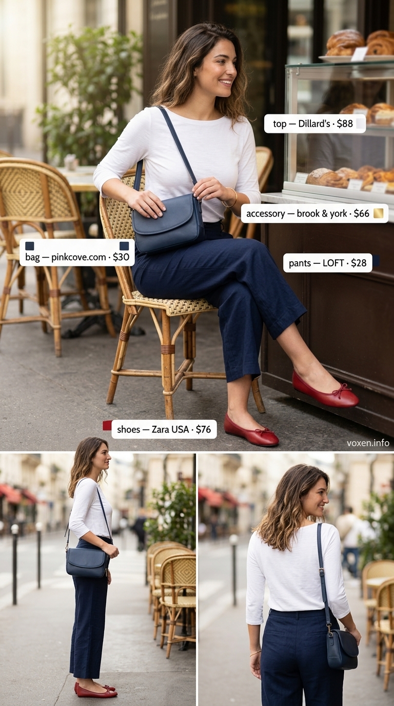 Navy linen trousers, white boat-neck top, red ballet flats for chic summer brunch outfits for women 2026.