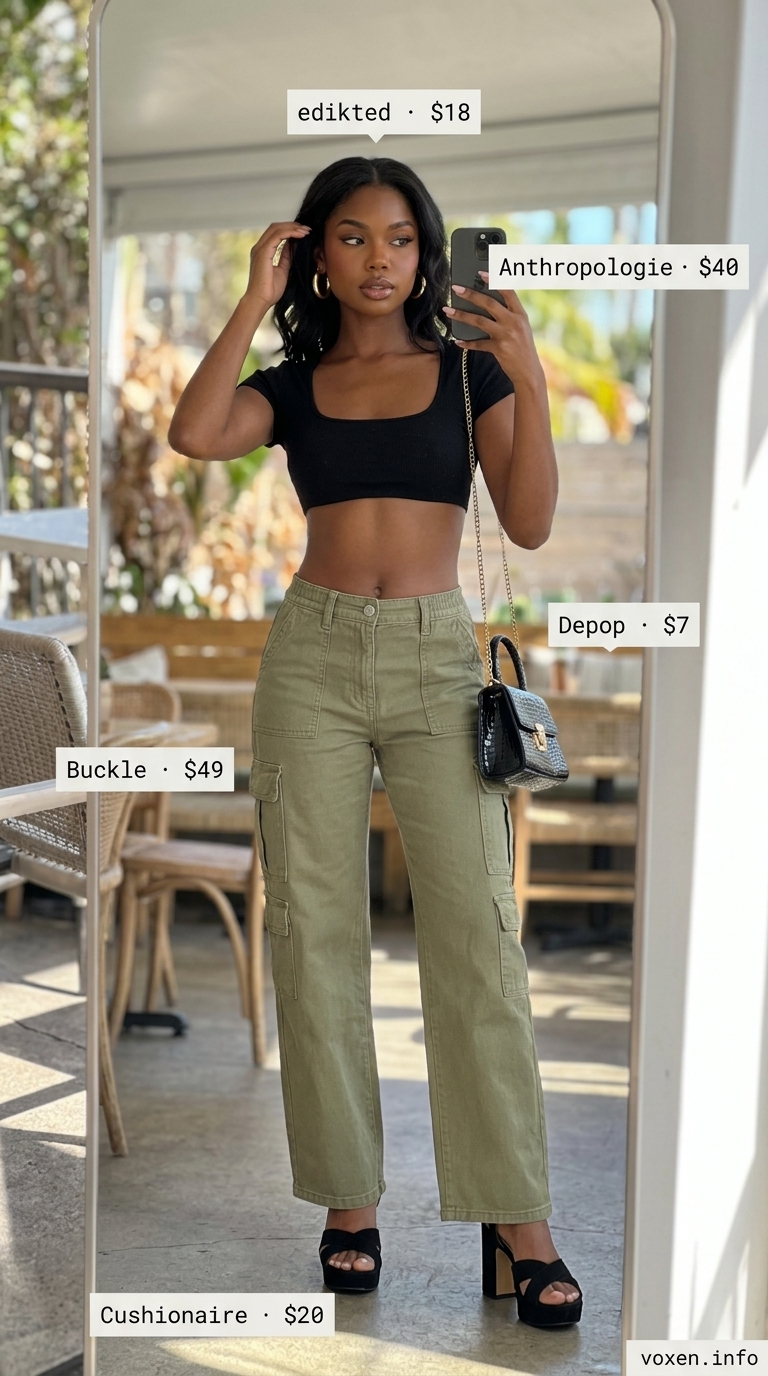Khaki cargo pants, black crop top, chunky gold hoops for edgy summer brunch outfits for women 2026.