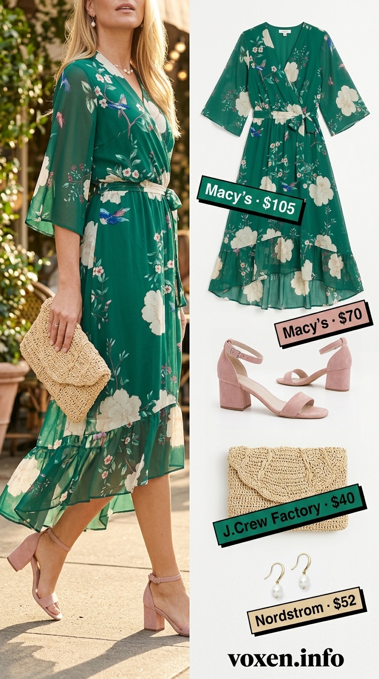 Pastel floral wrap dress with blush sandals, gold earrings, and straw clutch for summer brunch outfits for women 2026.