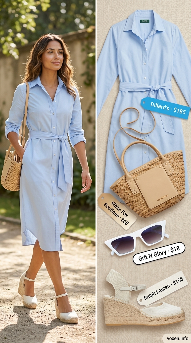 Sky blue midi shirtdress, pearl earrings, cat-eye sunglasses for summer brunch outfits for women 2026.