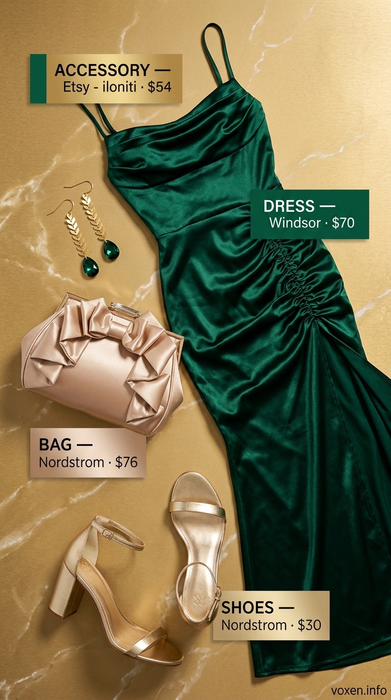 Emerald green slip dress, gold clutch, statement earrings for glamorous summer brunch outfits for women 2026.