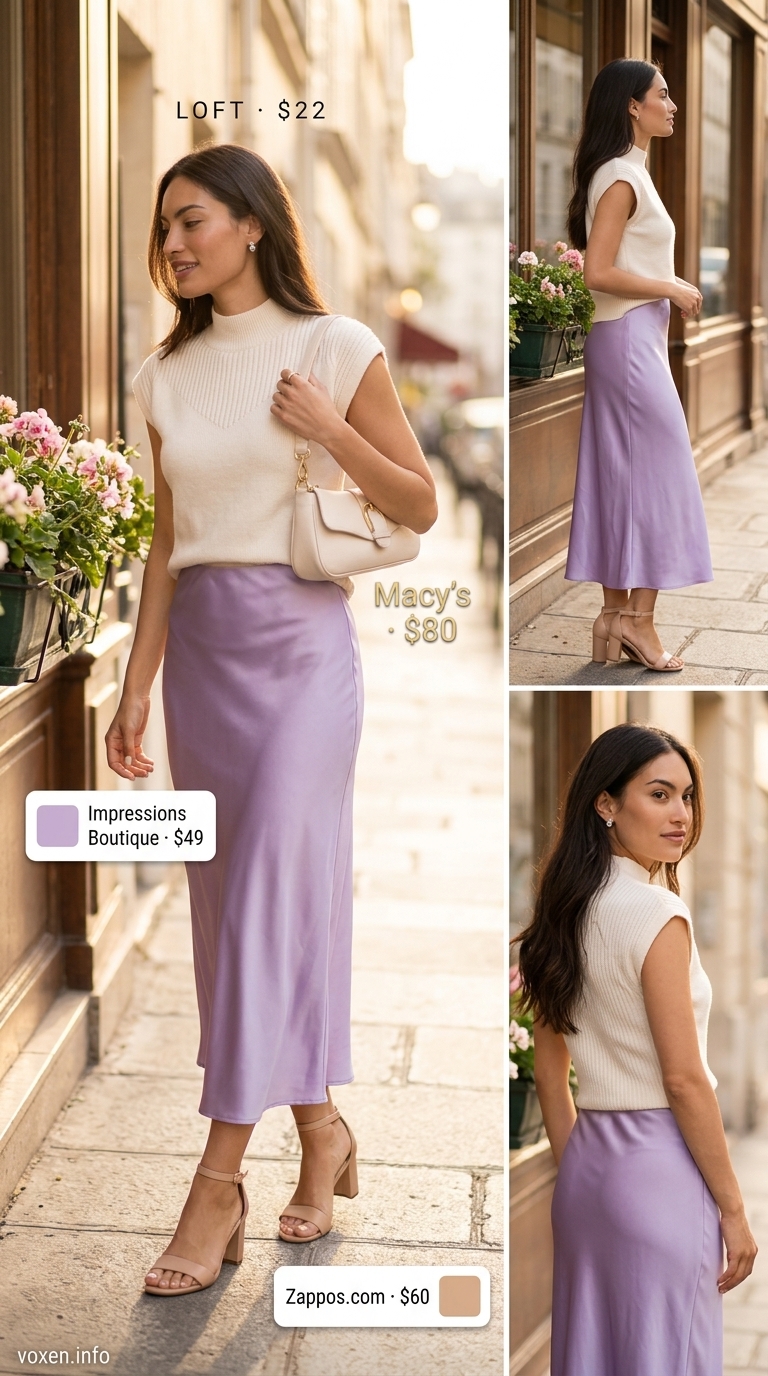 Lavender midi skirt, off-white knit top, nude sandals for romantic summer brunch outfits for women 2026.
