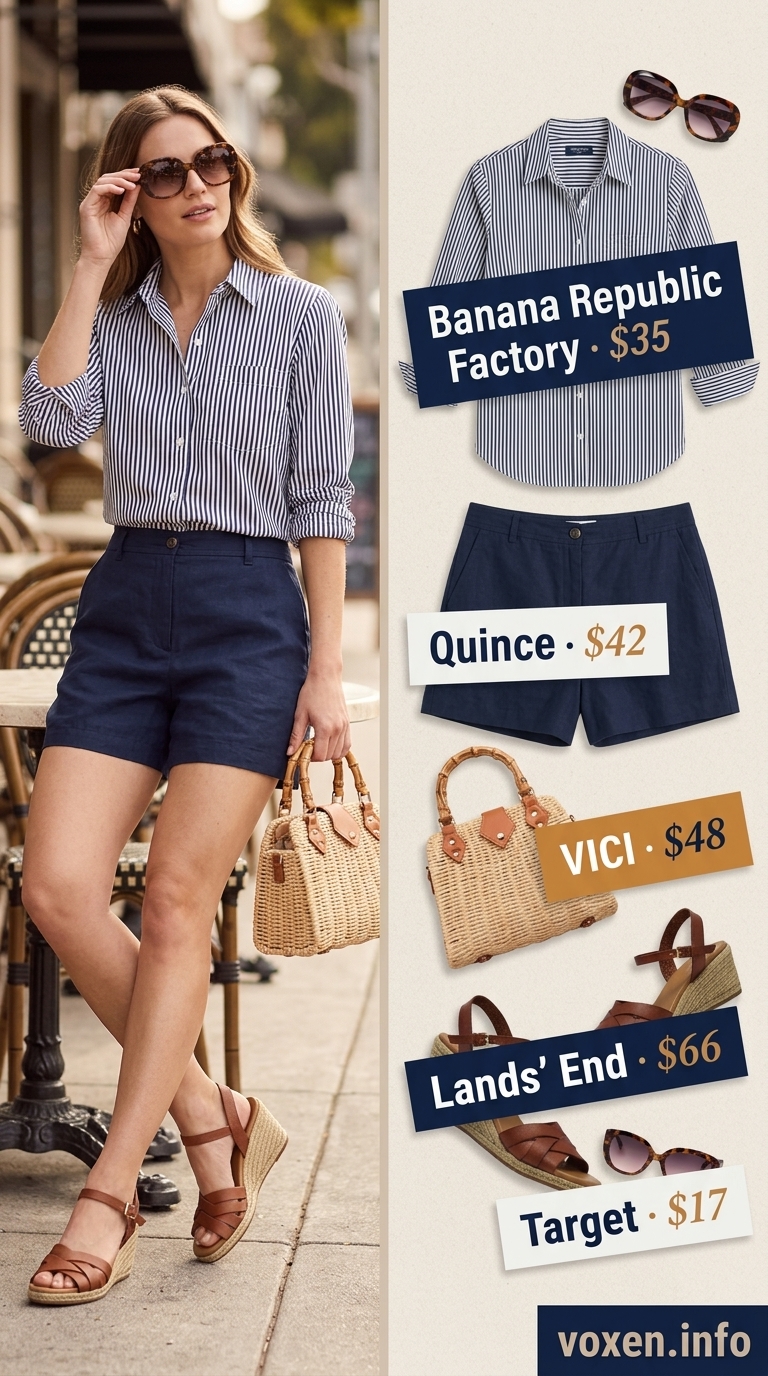 Navy linen shorts with striped button-down shirt, espadrille wedges, and straw bag for summer brunch outfits for women 2026.