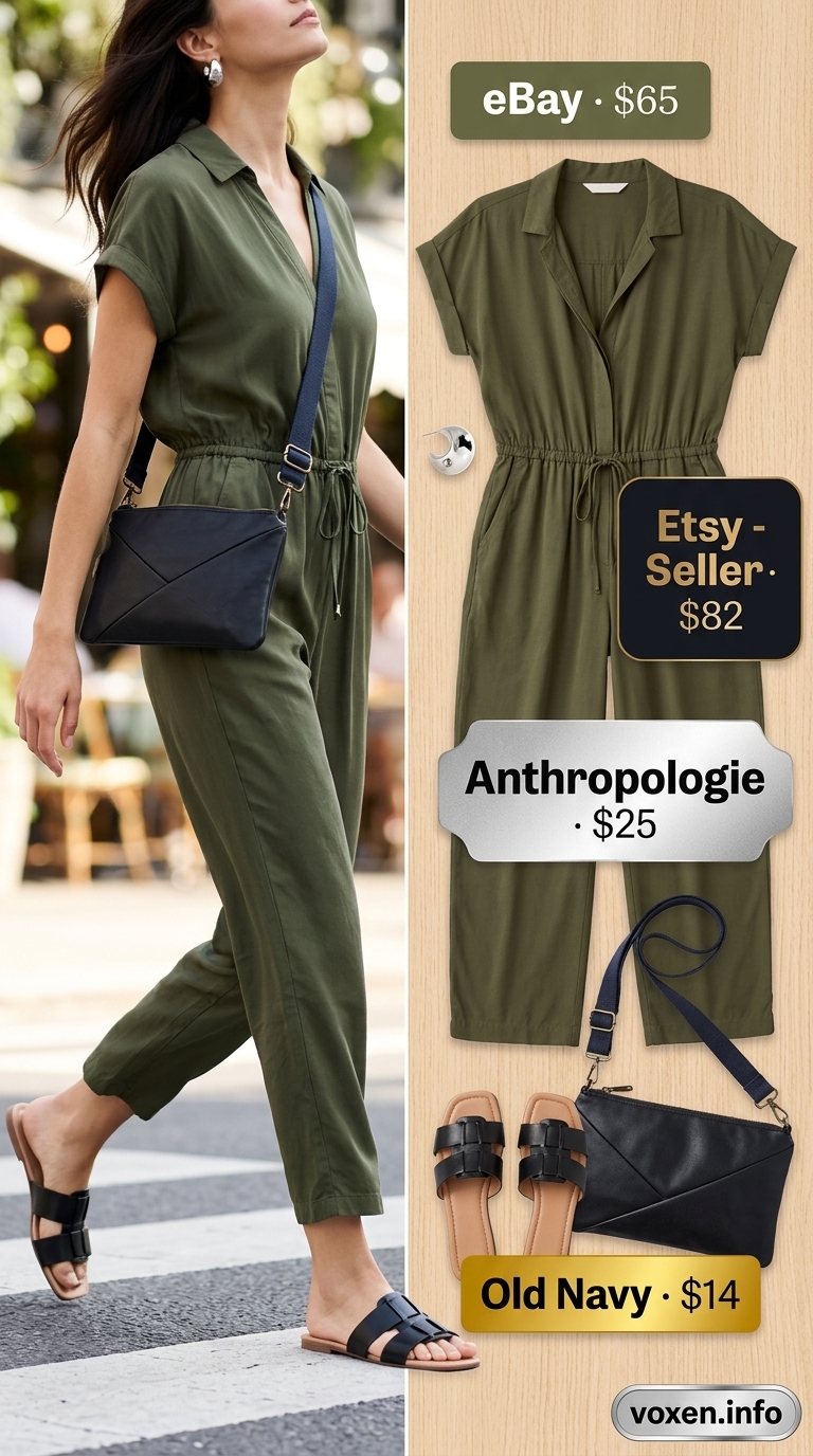 Olive green utility jumpsuit with silver hoops, black bag, and slide sandals for summer brunch outfits for women 2026.