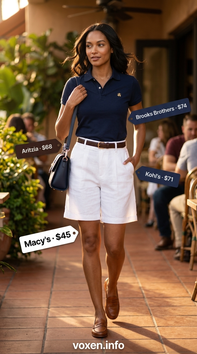 Preppy navy polo shirt with white Bermuda shorts, brown loafers, and structured bag for summer brunch outfits for women 2026.