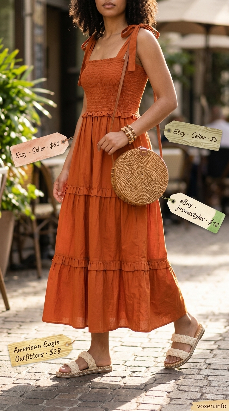 Rust orange maxi dress with smocked bodice, rattan bag, and vegan leather sandals for summer brunch outfits for women 2026.