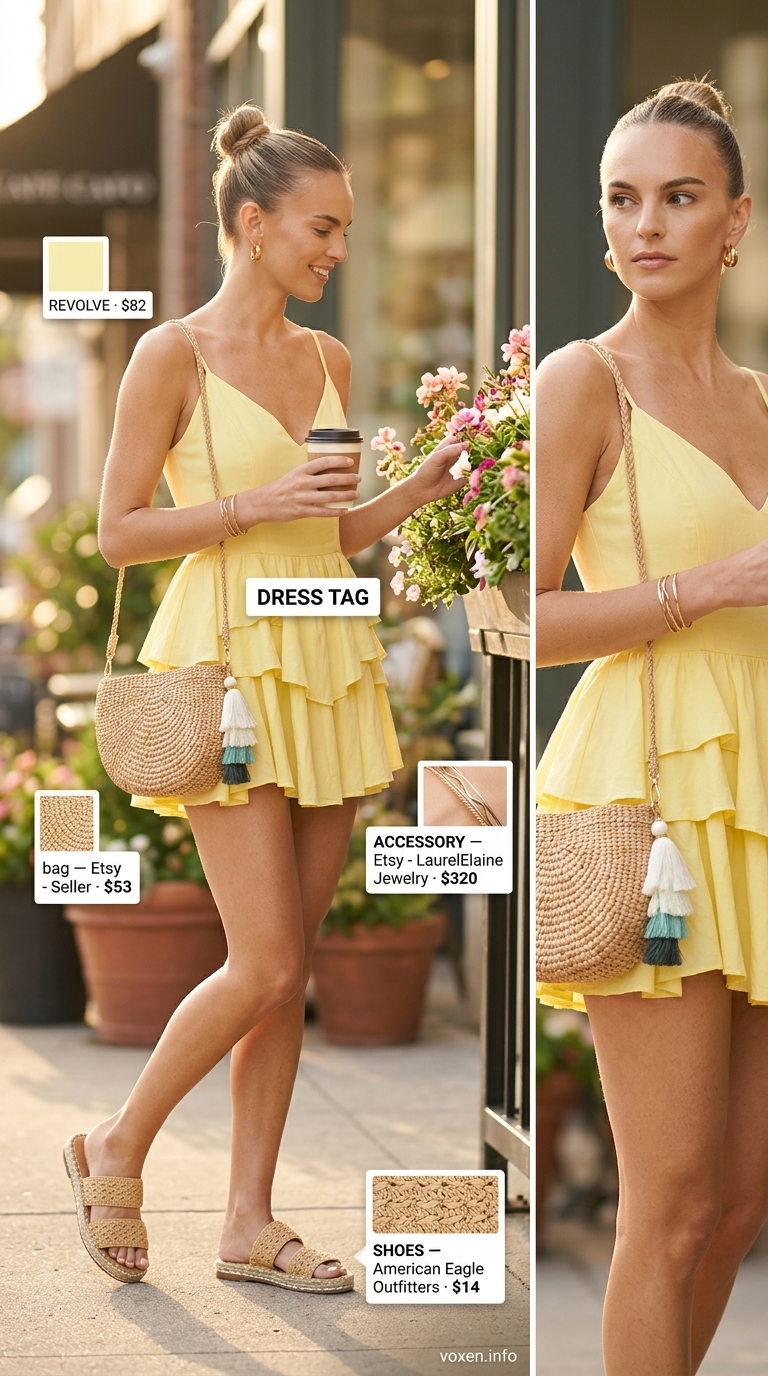 Butter yellow sundress, straw crossbody bag, flat espadrilles for cheerful summer brunch outfits for women 2026.