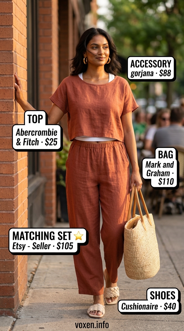 Terracotta linen matching set with cream tank, straw tote, and slide sandals for summer brunch outfits for women 2026.