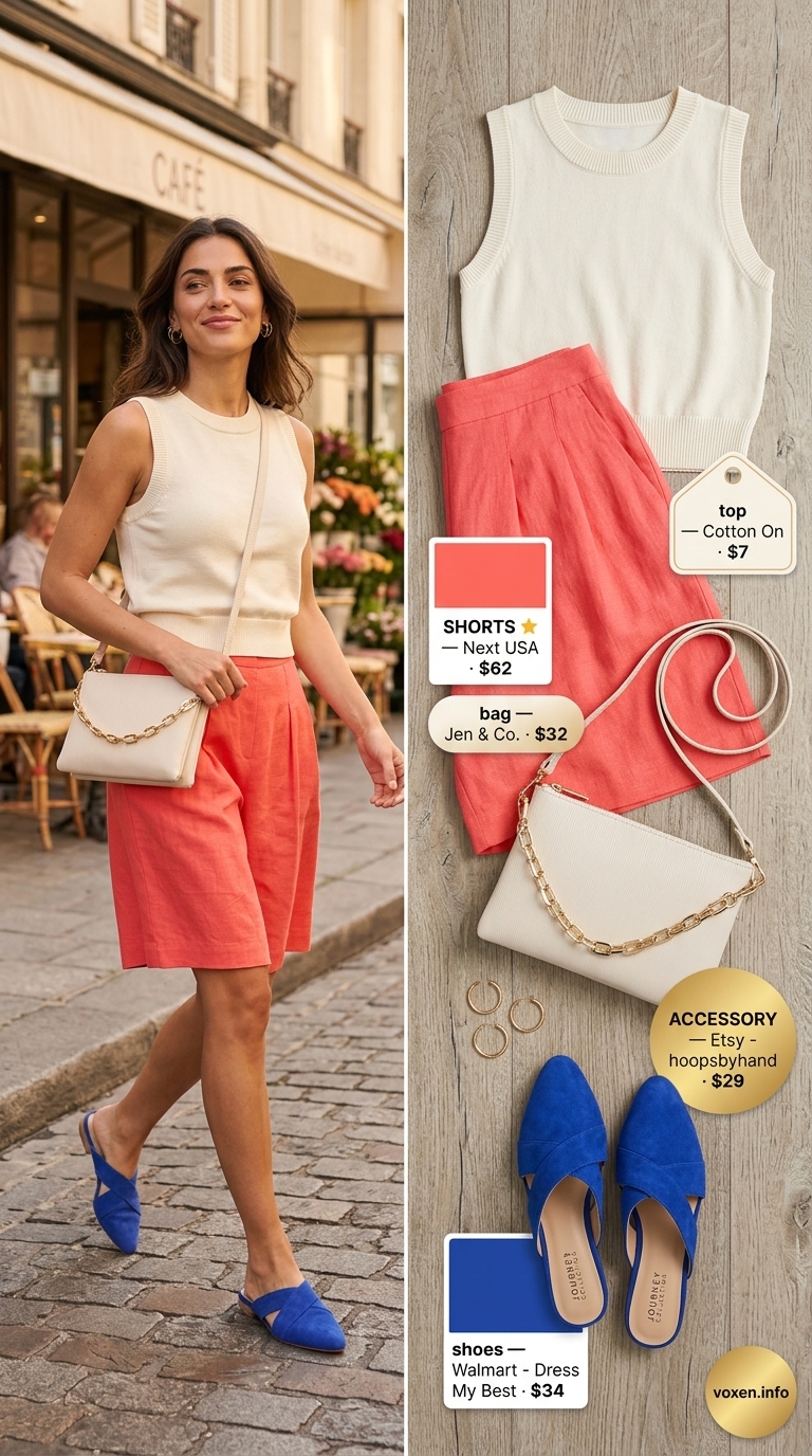 Coral linen shorts, cream knit vest, navy mules for playful summer brunch outfits for women 2026.