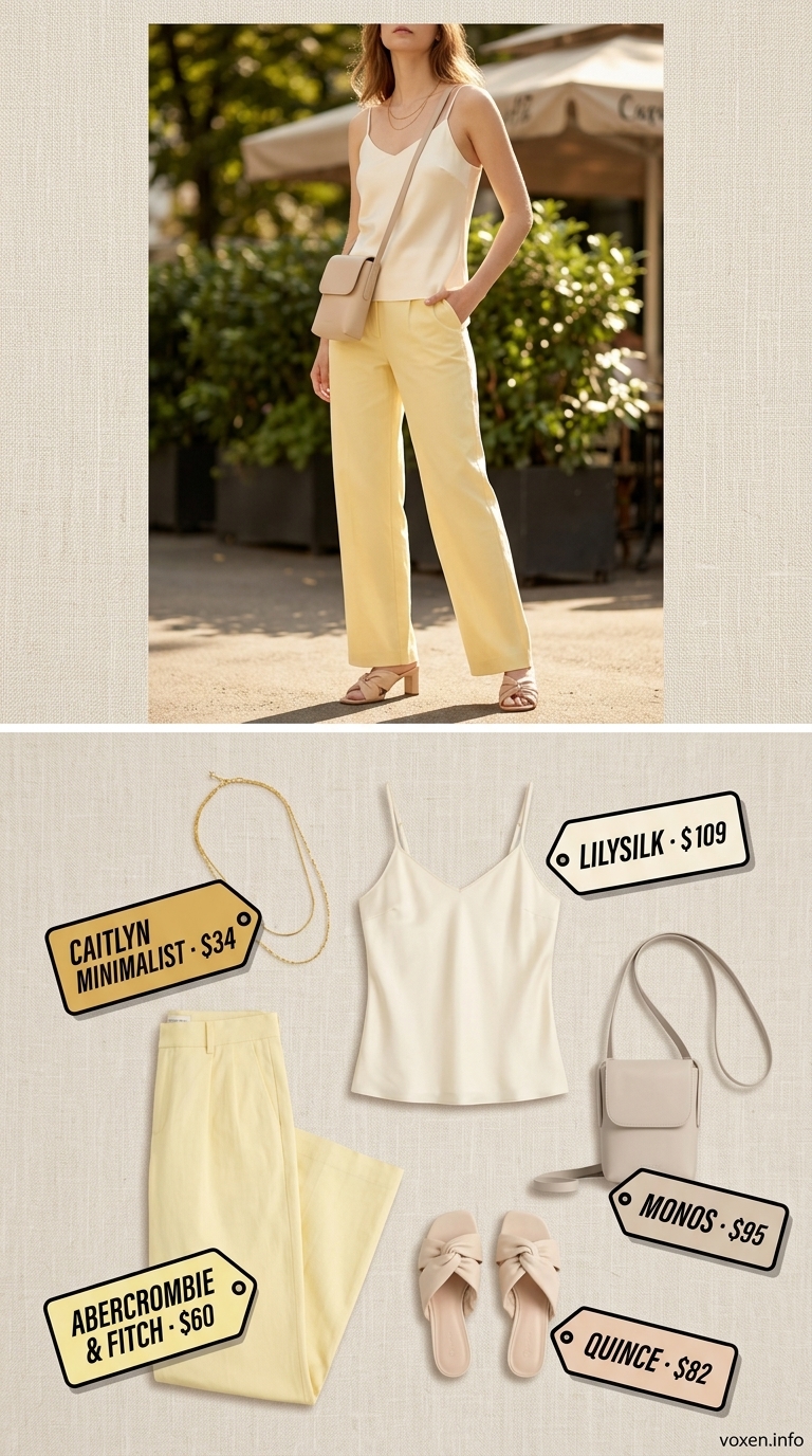 Citrus yellow wide-leg pants with cream camisole, nude mules, and gold necklace for summer brunch outfits for women 2026.