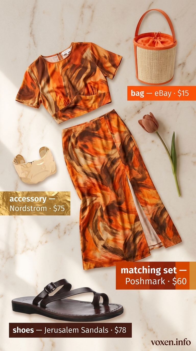 Abstract print matching set with straw bucket bag for artsy summer brunch outfits for women 2026.